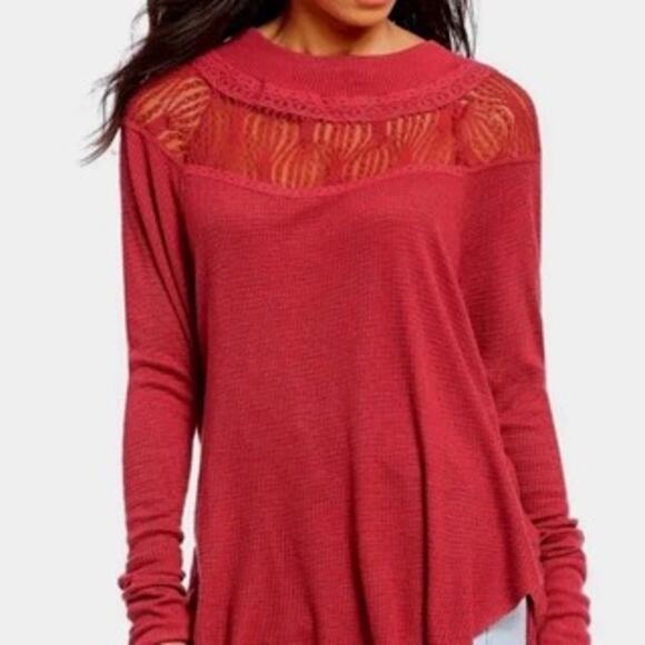 Free People Spring Valley Pullover Knit Lace Burgundy Thermal Top Sweater XXS - Picture 2 of 13